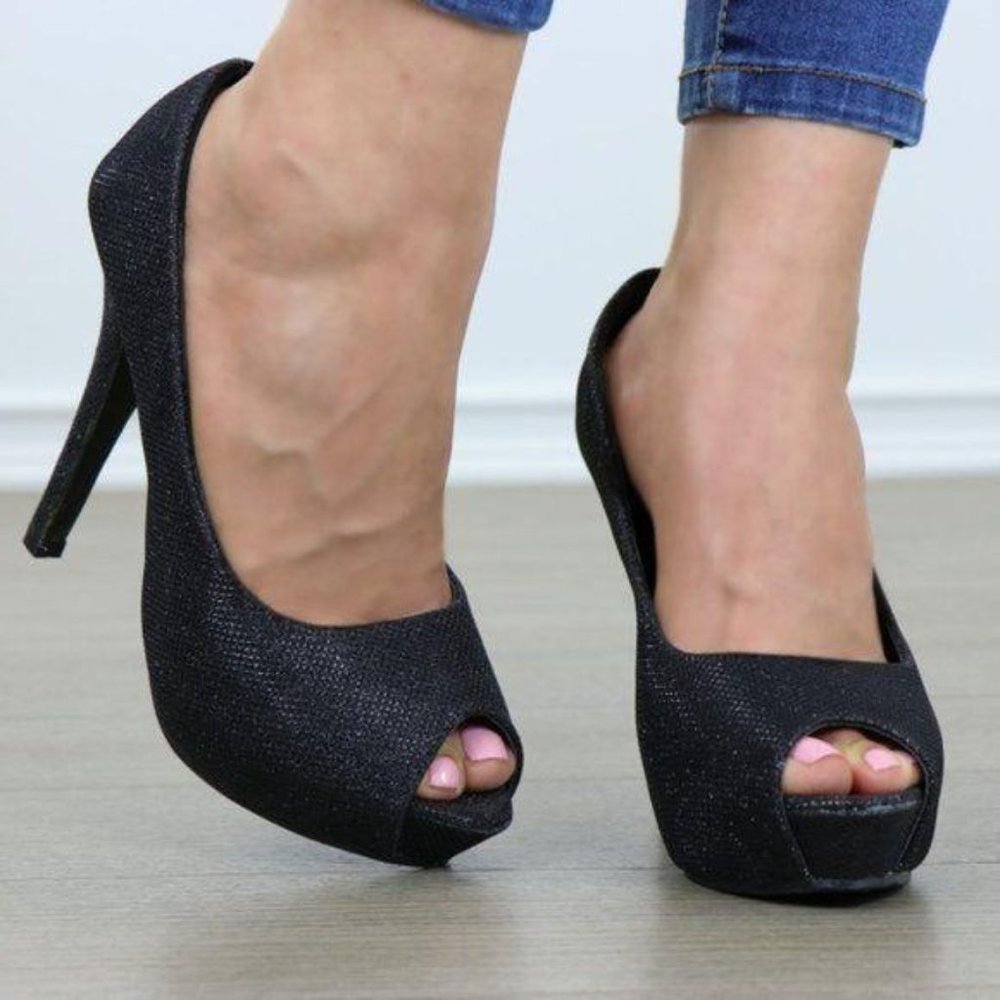 Peep Toe Platform Stiletto Glittery Fabric Heels - Picture 7 of 12